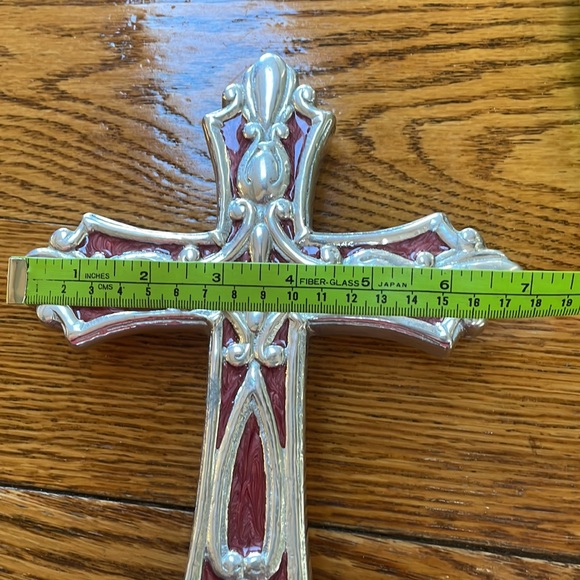 Cross shaped home decor.  Silver color with red. - Picture 9 of 16